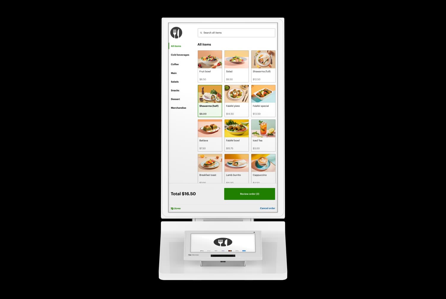 Clover Kiosk self-service ordering screen with menu items and prices