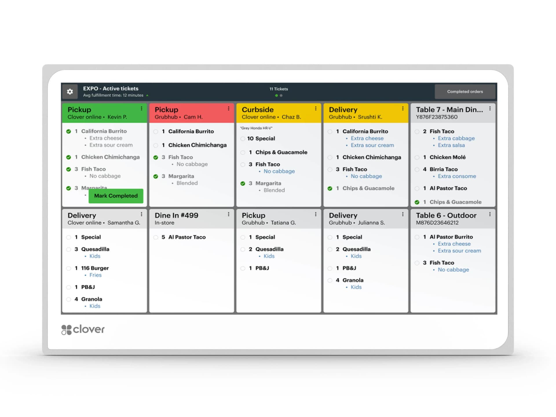Clover Kitchen Display System showing active orders on screen