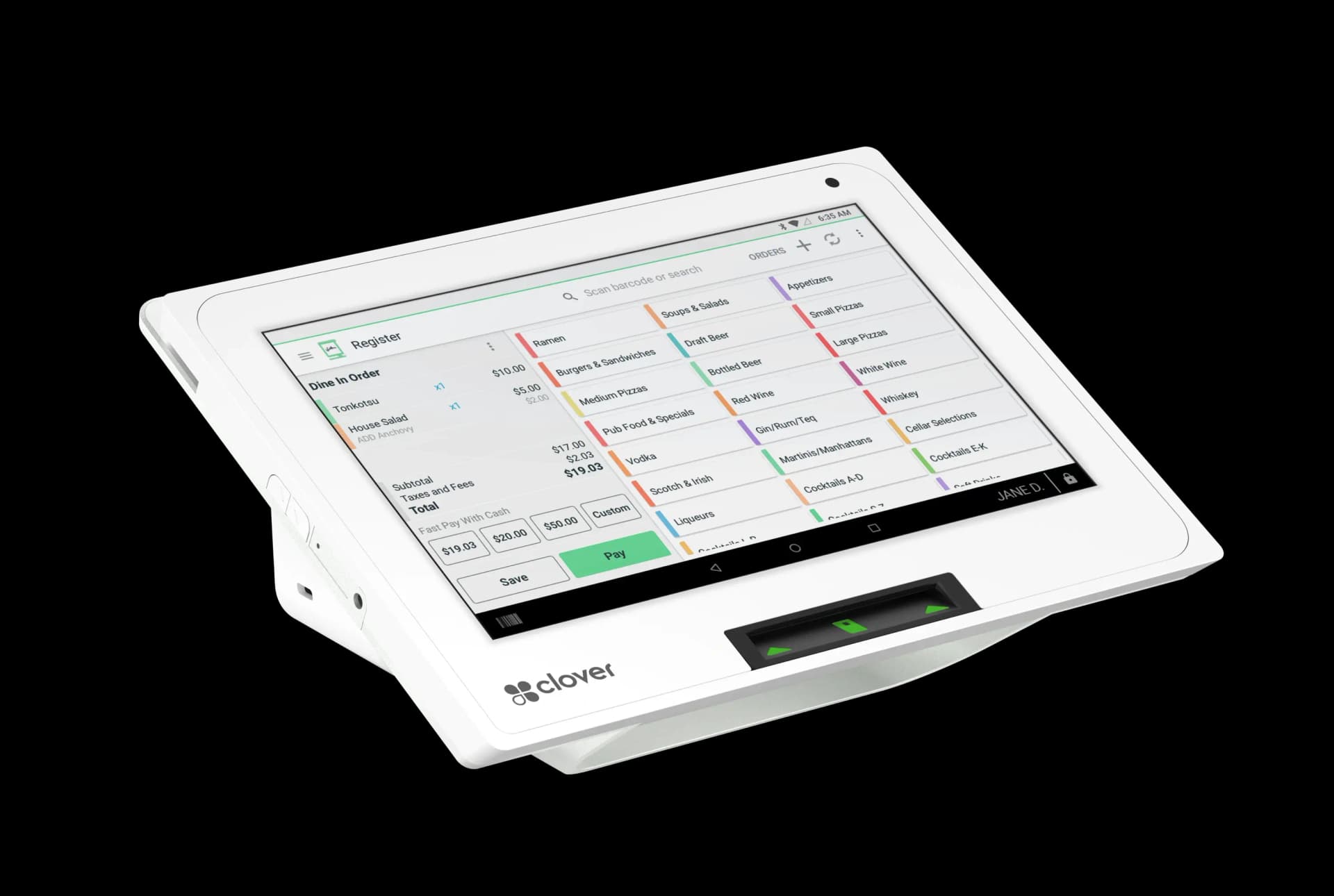 Clover Mini 3 compact countertop POS with register dashboard on screen